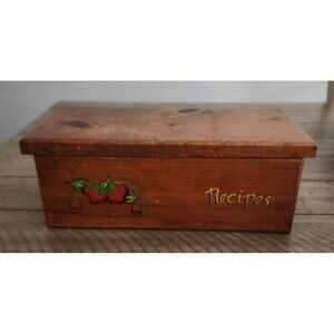Vintage Wood Recipe Box with Hinged Lid Strawberry Design 12.5" x 5.25" x 5.0"